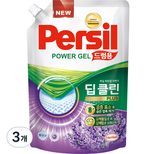 퍼실 딥클린 플러스 라벤더향 드럼용 액상세제 리필, 1.5L, 3개