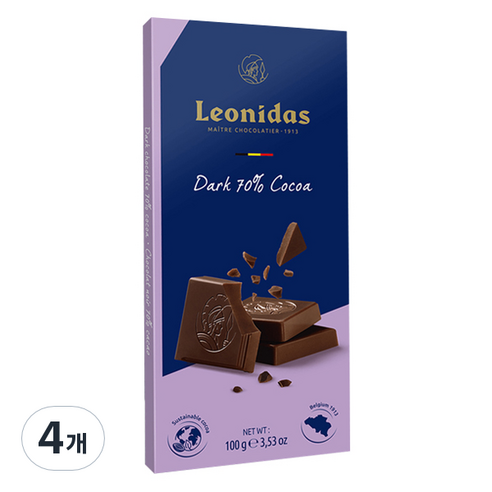 레오니다스 타블릿 다크 초콜릿, 100g, 4개