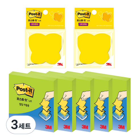 쓰리엠 포스트잇 팝업 리필용 강한 점착용 노트 KR330 5p + 다이컷 노트 나비 2p 세트, 새싹그린, 3세트