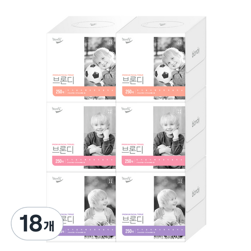 브론디 미용티슈 미니정사각 천연펄프 2겹 250매, 18개, 1개입