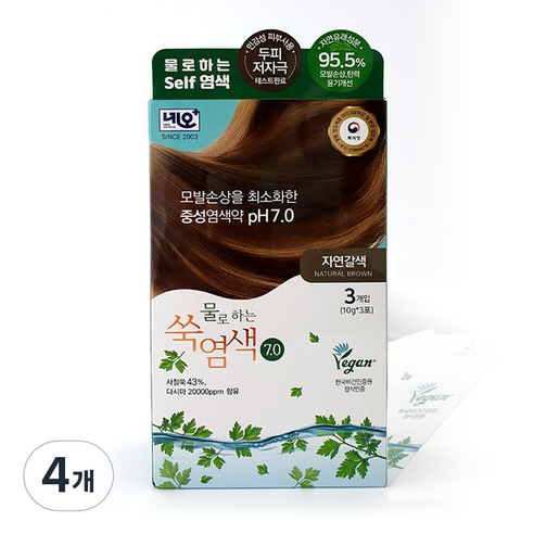 네오메디칼 자연유래 성분 산화제없는 물로하는 쑥염색약 7.0 3p, 자연갈색, 4개