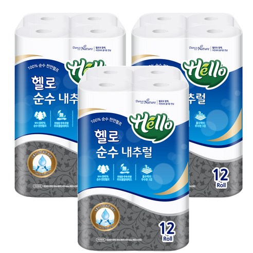 헬로 순수 내츄럴 천연펄프 화장지 27m, 12롤, 3개