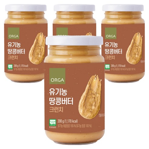 올가홀푸드 유기농 땅콩버터 크런치, 4개, 200g