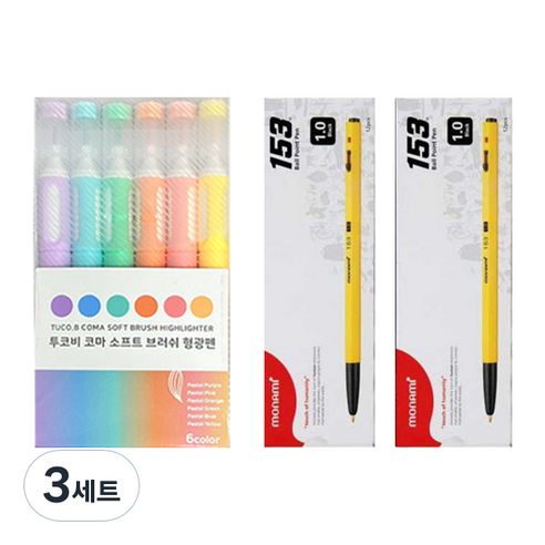 투코비 코마 소프트 브러쉬 형광펜 6종 + 모나미 153 볼펜 1.0mm 24p 세트, 파스텔퍼플, 파스텔블루, 파스텔그린, 파스텔오렌지, 파스텔핑크, 파스텔옐로우(형광펜), 블랙(볼펜), 3세트