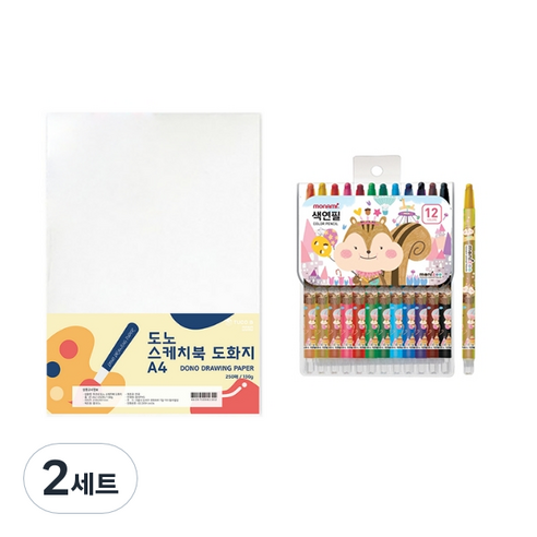 도노 스케치북 도화지 A4 130g 250매 + 모나미 모니주 샤프식 색연필 12색 문구세트, 단일색상(도화지), 여(색연필), 2세트