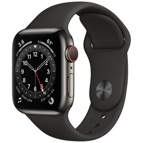 Apple 애플워치 6, 그래파이트 스테인리스 스틸 케이스,블랙 스포츠 밴드, 40mm, GPS+Cellular