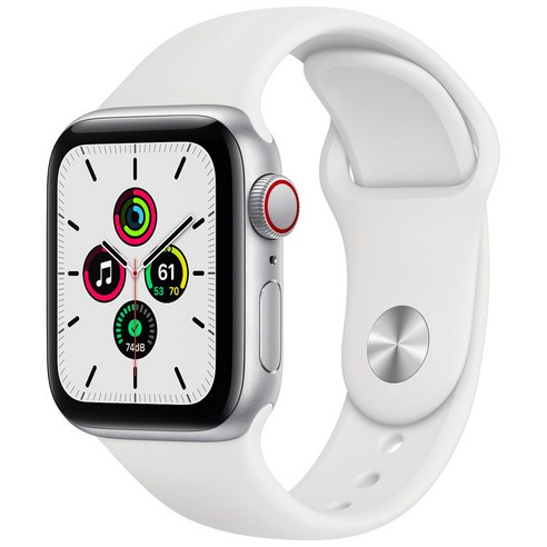 Apple 애플워치 SE, 실버 알루미늄 케이스, 화이트 스포츠 밴드, 40mm, GPS+Cellular