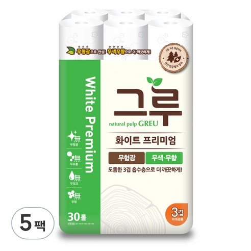 그루 3겹 천연펄프 화이트 프리미엄 롤화장지 27m, 30개입, 5개
