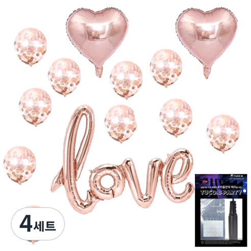 투코비 러브 장식 풍선 + 손펌프 + 고정테이프 세트, 하트 스팽글 가랜드 로즈골드, 4세트