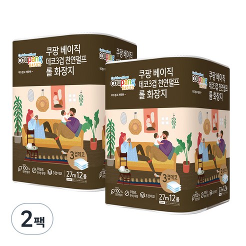 쿠팡베이직 데코3겹 롤화장지 27m 12롤, 12개입, 2개