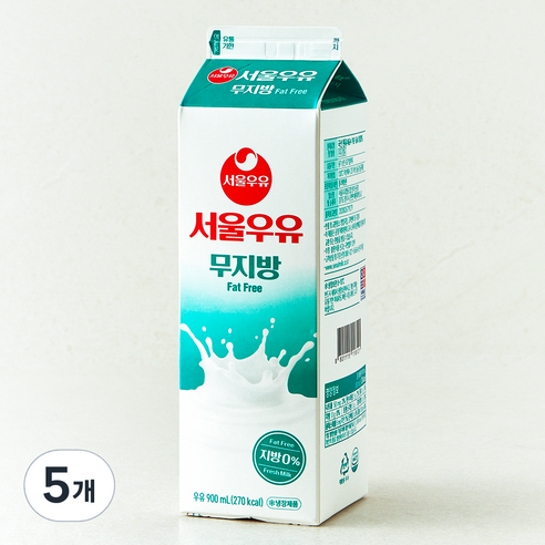서울우유 무지방 우유, 5개, 900ml