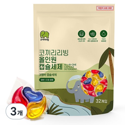 코끼리리빙 올인원 캡슐세제 장미향, 3개, 32개입