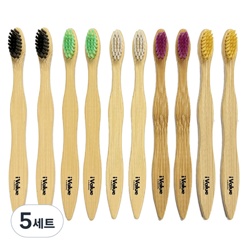 아이벨류 대나무 유아 칫솔, 옐로우, 퍼플, 화이트, 그린, 블랙, 5세트