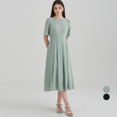 ELLE PARIS 여성용 라운드넥 핀턱 플레어 반팔 원피스