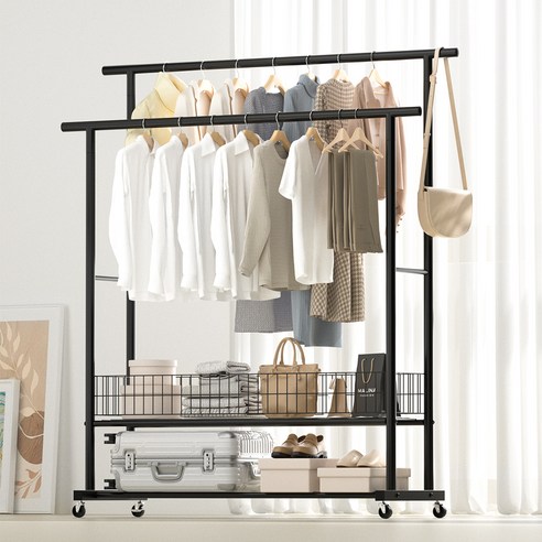 코멧 2단 이동식 대용량 수납 선반 행거, 블랙