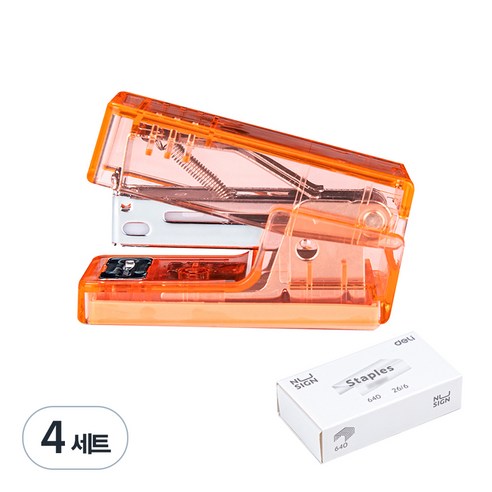 DELI 누사인 투명 미니 스테이플러 + 33호심 세트, 투명 오렌지, 4세트