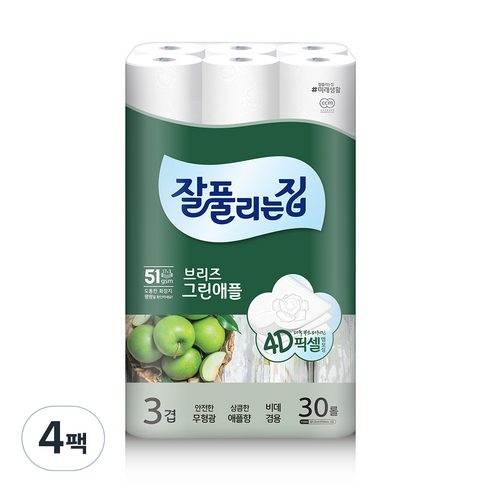 잘풀리는집 브리즈 그린애플 3겹 고급롤화장지 25m, 30개입, 4개