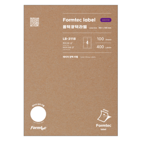 폼텍 레이져 광택 라벨 LB-3118, 4칸, 100개