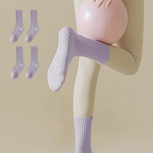 에델린 코튼 쫀쫀 논슬립 중목 스포츠 요가 필라테스 양말 2켤레 세트, 퍼플, 1세트
