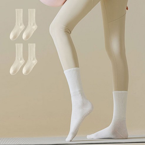 에델린 코튼 쫀쫀 논슬립 중목 스포츠 요가 필라테스 양말 2p, 화이트, 1세트