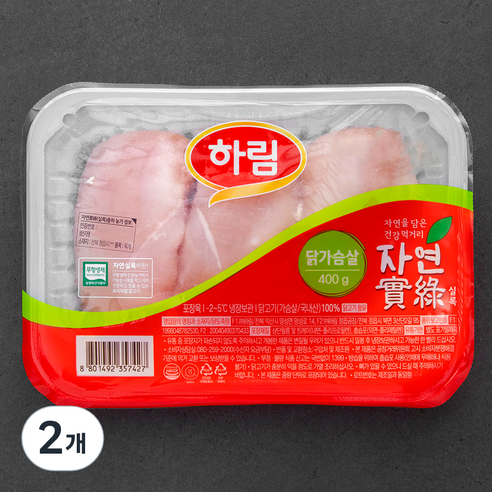 하림 자연실록 무항생제 인증 닭가슴살 (냉장), 400g, 2개