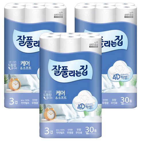 잘풀리는집 케어 앤 소프트 천연펄프 3겹 고급롤화장지, 27m, 30롤, 3개
