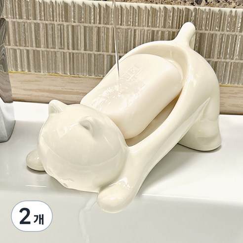 몬드스팟 세라믹 물빠짐 고양이 비누 받침대 17.5 x 10 x 9 cm, 화이트, 2개