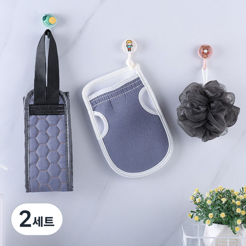 떼루와 목욕 샤워 각질제거 롱 때밀이 타올 + 때장갑 + 샤워볼 세트, 그레이, 2세트