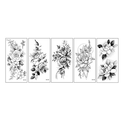 스케치 타투 장미 꽃 흑백 문신 스티커 5종 세트, BK-01, 1세트