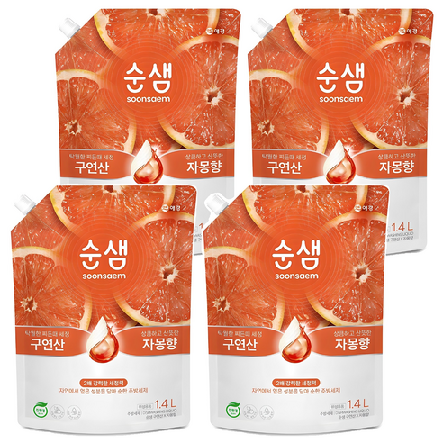 순샘 구연산 자몽 주방세제 리필, 1.4L, 4개