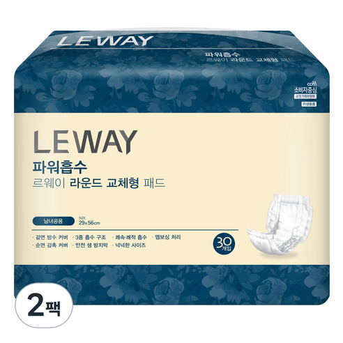 르웨이 남녀공용 파워흡수 라운드 교체형 패드, 중형, 30매입, 2개