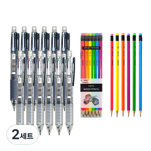 문화연필 4+1 멀티펜 에스 12p + 투코비 코마 삼각 지우개 연필 TC-208 B 12p 세트, 투명+청회색(볼펜), 2세트