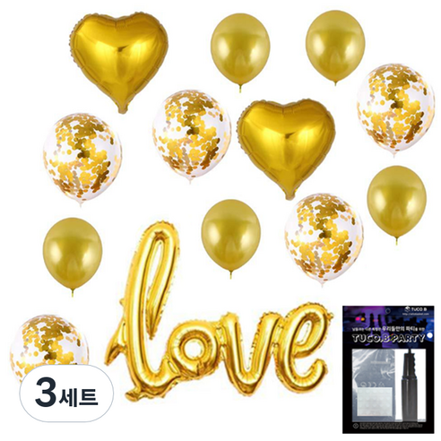 투코비 러브 장식 풍선 + 손펌프 + 고정테이프 세트, 하트 스팽글 가랜드 골드, 3세트