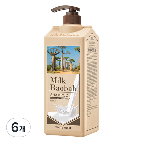밀크바오밥 대용량 우유단백질 손상모 샴푸 화이트머스크향, 1000ml, 6개