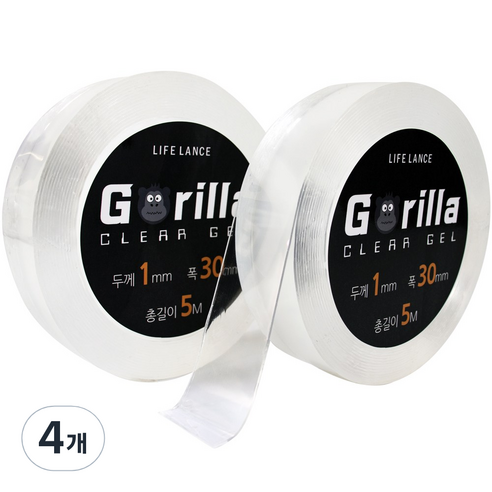 고릴라 클리어겔 실리콘 방수 대용량 양면테이프 두께 1mm x 폭 30mm x 총길이 5m, 4개