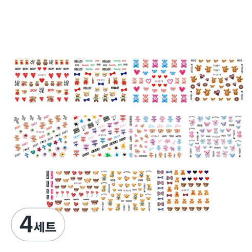 곰돌이 네일 스티커 11종 세트, 혼합색상, 4세트