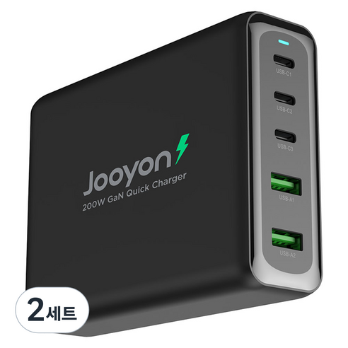 주연테크 캐리밥 200W 5포트 올인원 PD 고속 충전기 + USB-C 케이블 세트, 2세트, 블랙