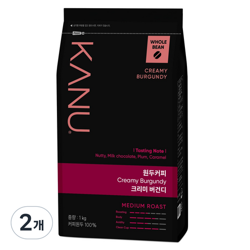 카누 크리미 버건디 원두커피, 홀빈(분쇄안함), 1kg, 2개