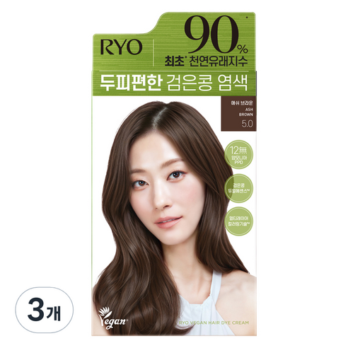 려 두피편한 검은콩 염색제 120g, 5.0 애쉬브라운, 3개
