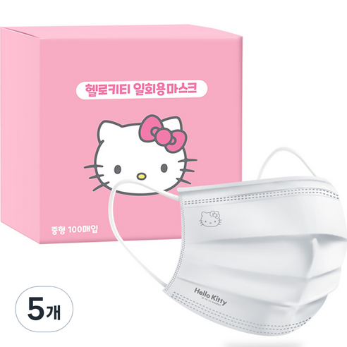 프로월드컵 헬로키티 마스크 중형, 100매입, 5개, 화이트