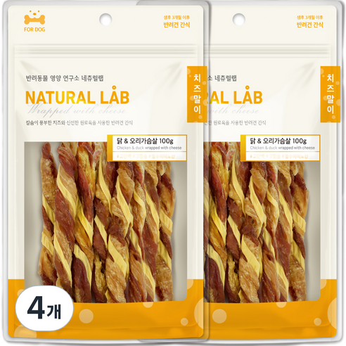 네츄럴랩 치즈말이 강아지간식, 닭 + 오리가슴살, 100g, 4개