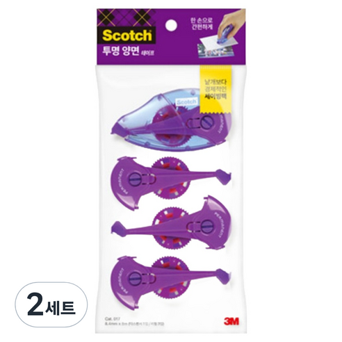 쓰리엠 스카치 투명 양면 테이프 017 디스펜서 8.4mm x 8m + 리필 3p 세트, 혼합색상, 2세트