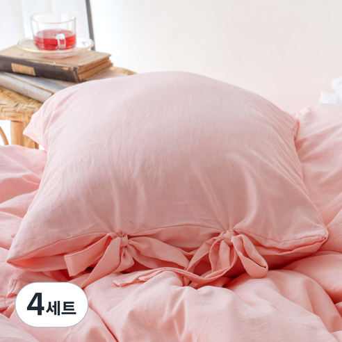 스코홈 더더 피그먼트 워싱 리본베개커버 + 솜 세트, 더더 핑크, 4세트