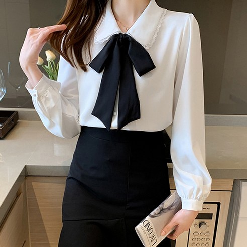 루나걸 : 블리자 리본 블라우스 둥근카라블라우스