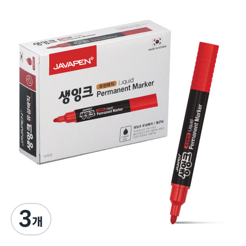 자바펜 생잉크 유성 매직 12p, 빨강, 3개