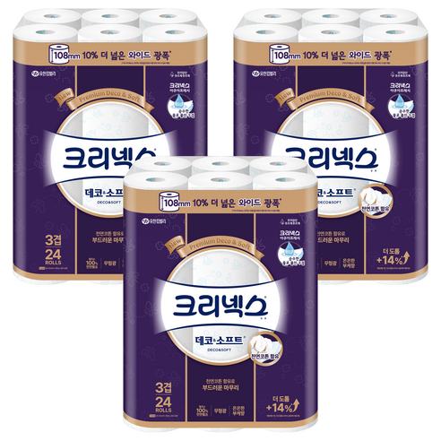 크리넥스 3겹 데코 앤 소프트 와이드 천연펄프 고급롤화장지, 33m, 24개입, 3개