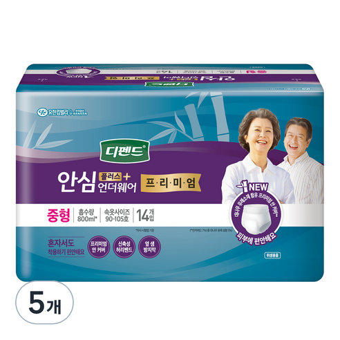 디펜드 남녀공용 프리미엄 안심플러스 언더웨어 성인기저귀 중형, 14매입, 5개