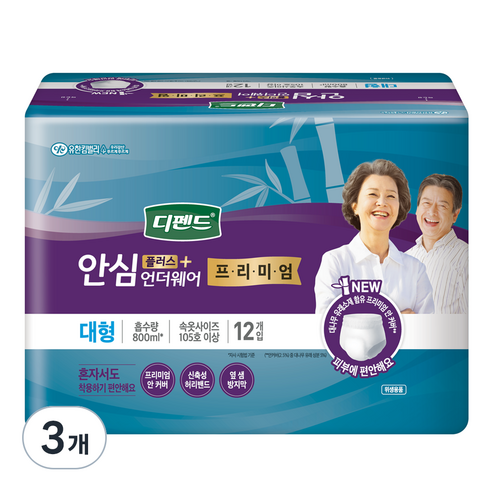 디펜드 남녀공용 프리미엄 안심플러스 언더웨어 성인기저귀 대형, 12매입, 3개