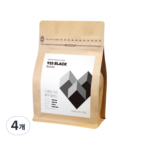 드롭탑 925 블랙 블렌드 원두 커피, 홀빈(분쇄안함), 200g, 4개
