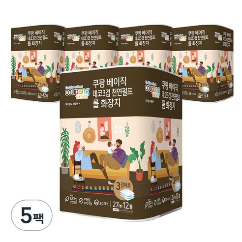 쿠팡베이직 데코3겹 롤화장지 27m 12롤, 12개입, 5개